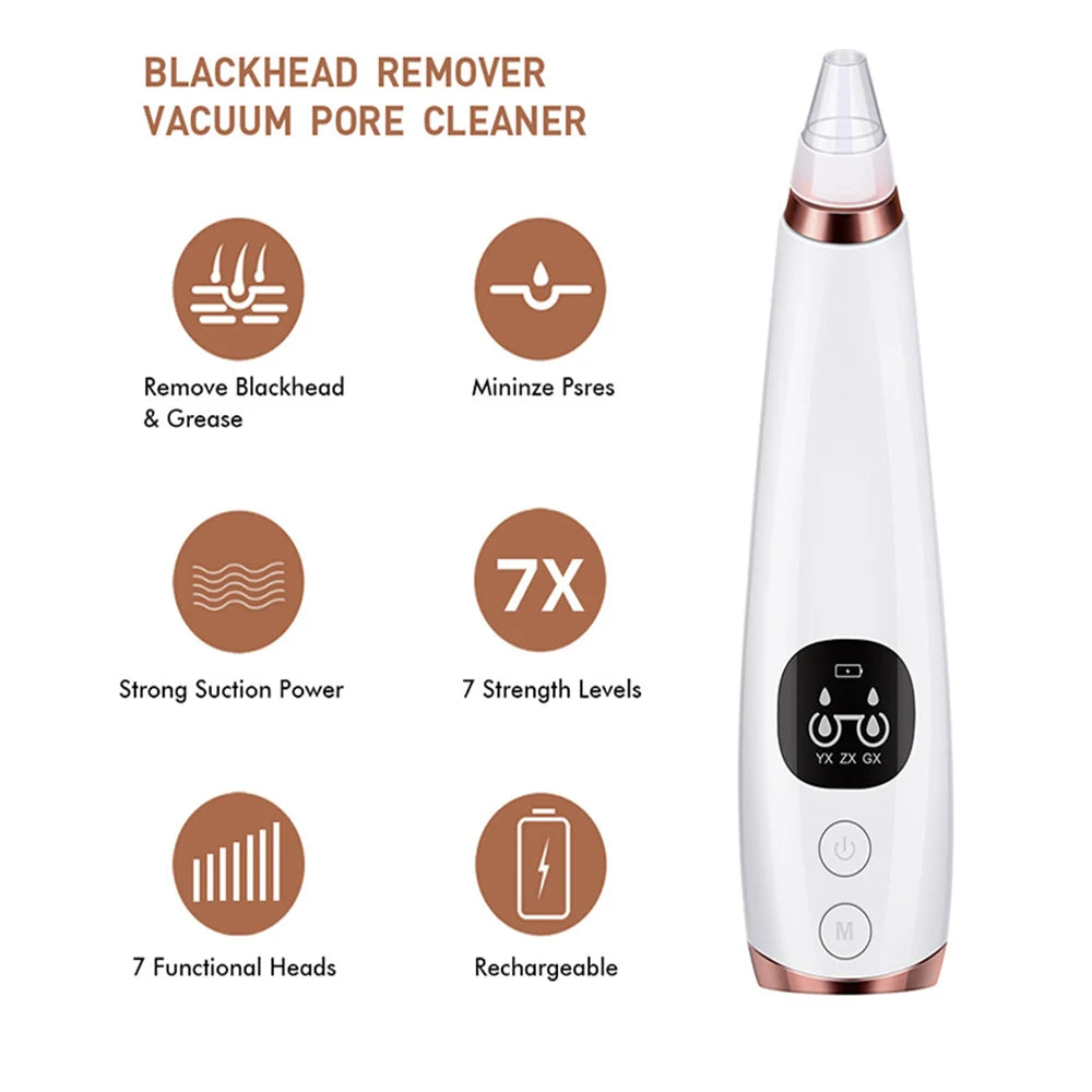 Vacuum Blackhead Remover – 7 Suction Levels | 6 Replaceable Heads | USB Rechargeable | LCD Display