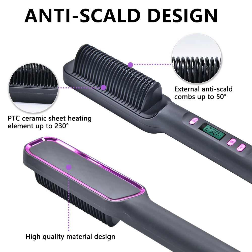 Hair Straightener Brush – Ionic 2-in-1 Styling Tool | 30 Heat Settings | Anti-Scald Design
