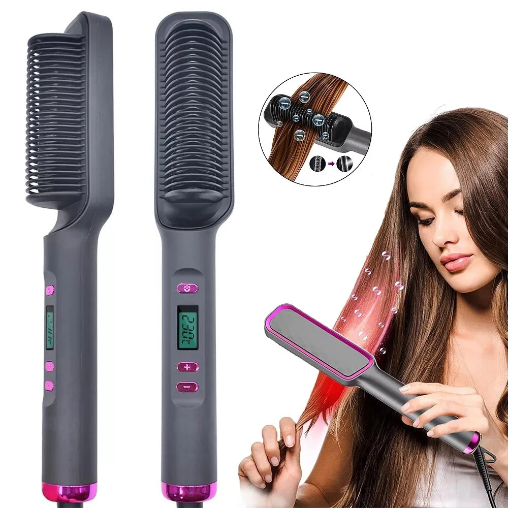 Hair Straightener Brush – Ionic 2-in-1 Styling Tool | 30 Heat Settings | Anti-Scald Design