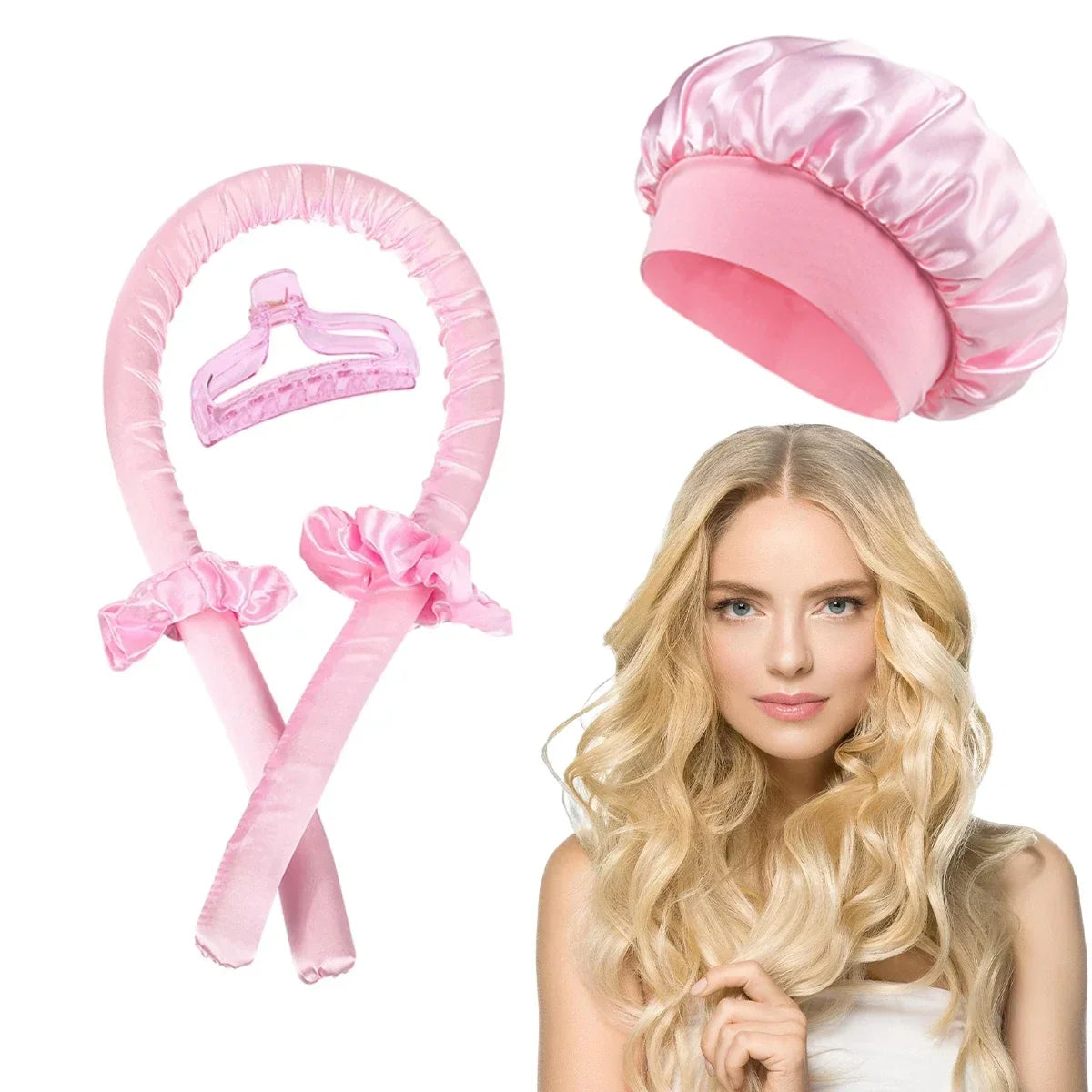 Heatless Hair Curling Set – Curling Rod + Satin Cap | No Heat Overnight Styling | Includes Clip & Ties