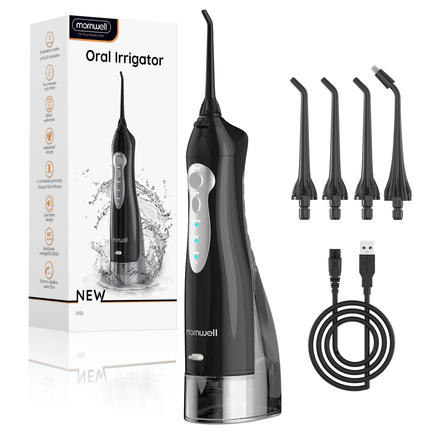 Mornwell D52 Water Flosser – Rechargeable Oral Irrigator | 300ML Tank | 3 Modes | IPX7 Waterproof