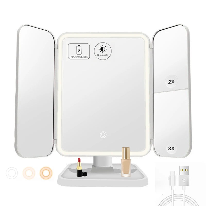 Trifold LED Makeup Mirror – 1X/2X/3X Magnification | Stepless Dimming | USB Rechargeable