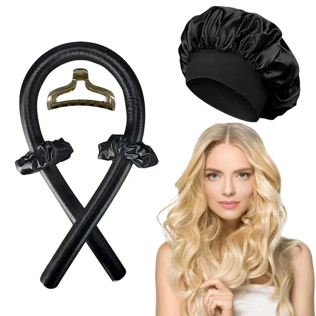 Heatless Hair Curling Set – Curling Rod + Satin Cap | No Heat Overnight Styling | Includes Clip & Ties