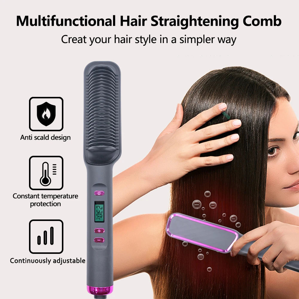Hair Straightener Brush – Ionic 2-in-1 Styling Tool | 30 Heat Settings | Anti-Scald Design