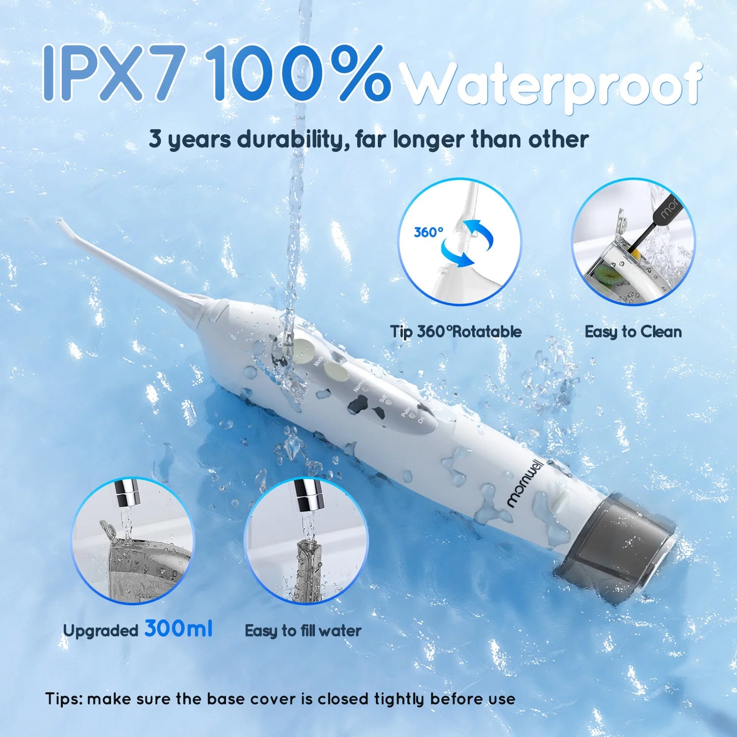 Mornwell D52 Water Flosser – Rechargeable Oral Irrigator | 300ML Tank | 3 Modes | IPX7 Waterproof