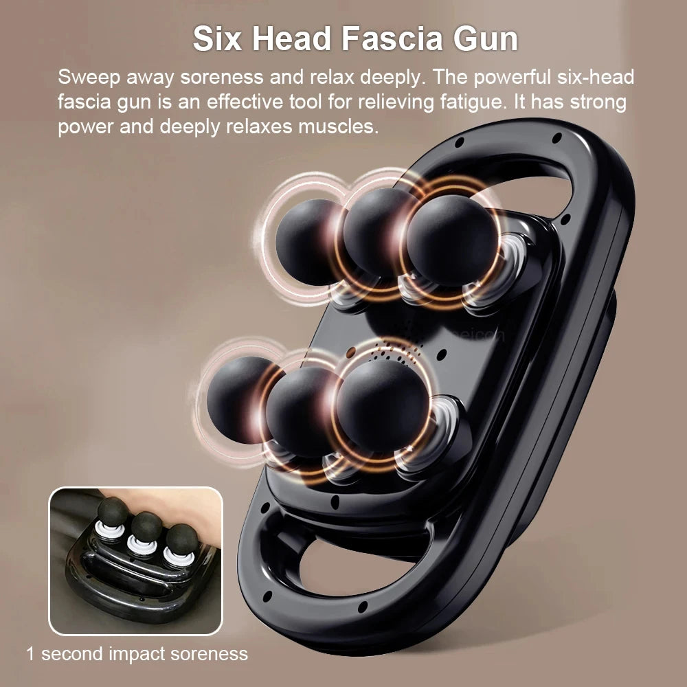6-Head Percussion Massage Gun – 9 Modes, Quiet Motor, USB-C Charging