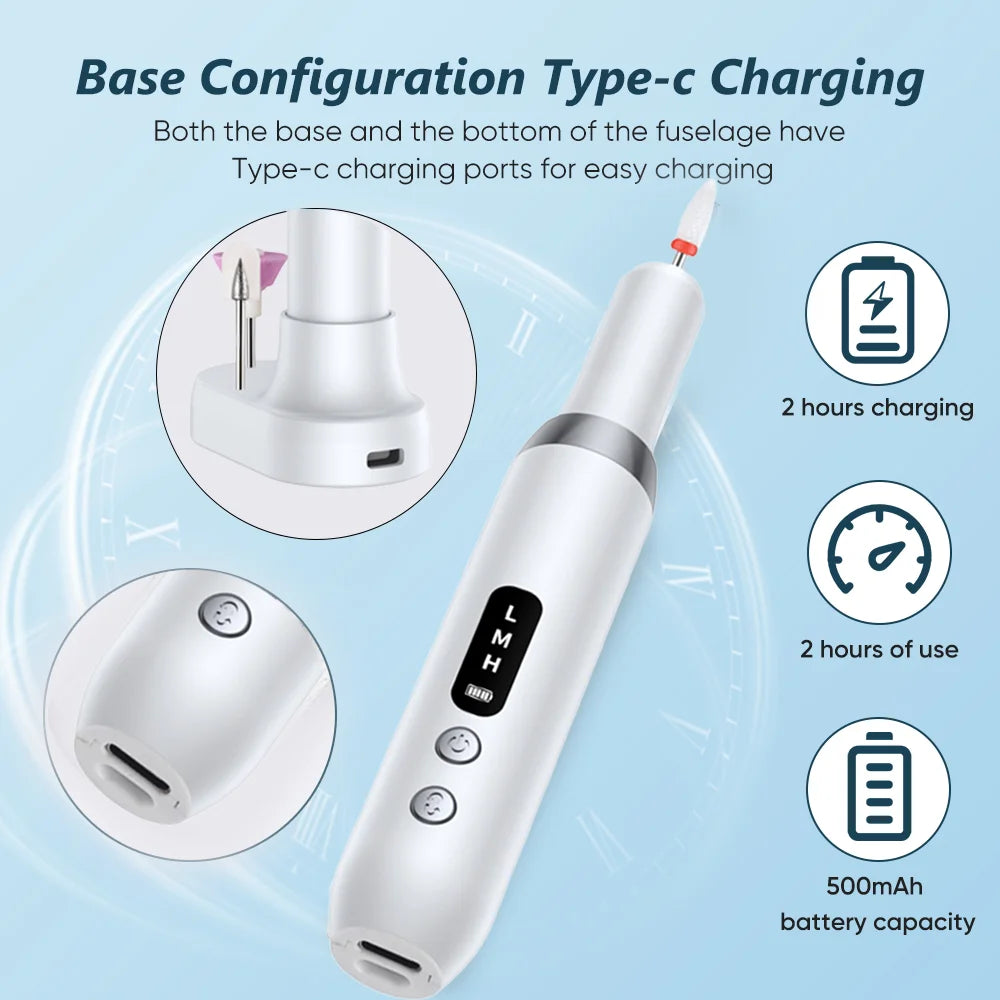 Electric Nail Drill Kit – Rechargeable Nail File with LED Display | 18,000 RPM | 3-Speed Adjustment | 11 Grinding Heads