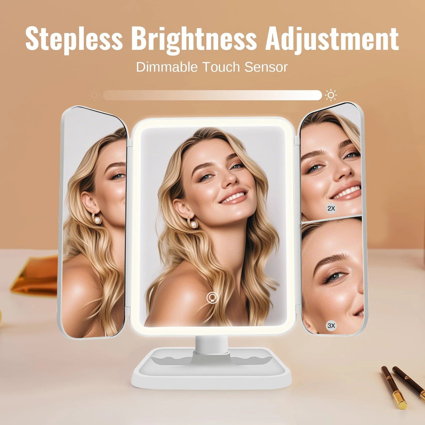 Trifold LED Makeup Mirror – 1X/2X/3X Magnification | Stepless Dimming | USB Rechargeable