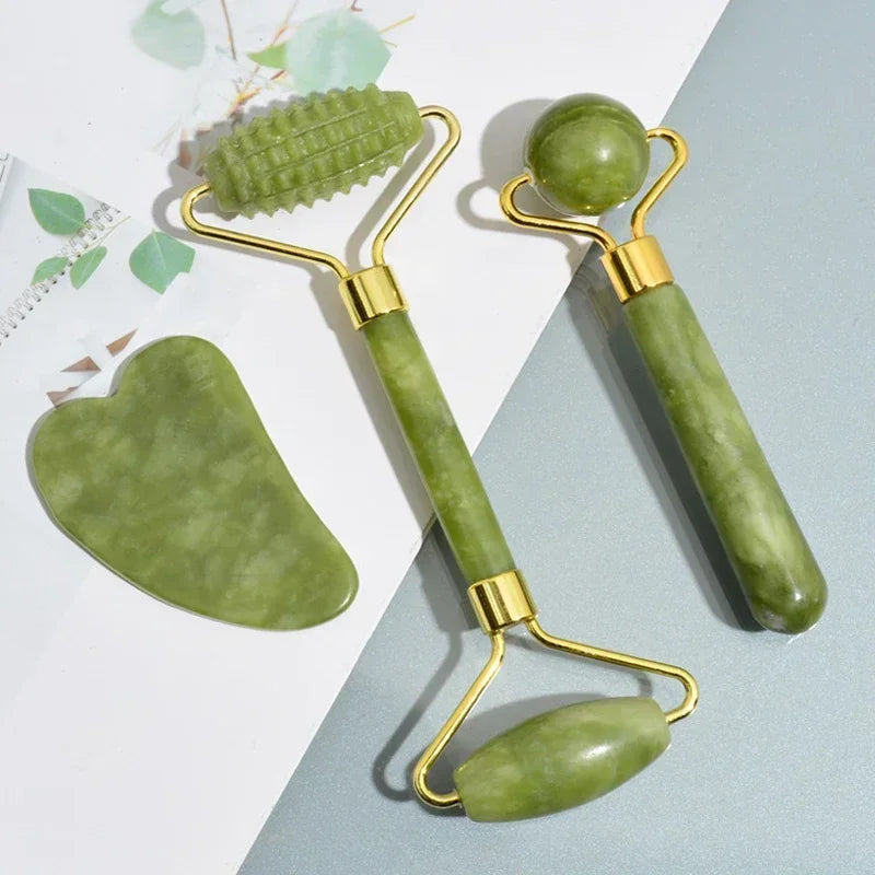 3-Piece Natural Jade Roller & Gua Sha Set – Face & Body Massage | Anti-Puffiness | Cooling Stone
