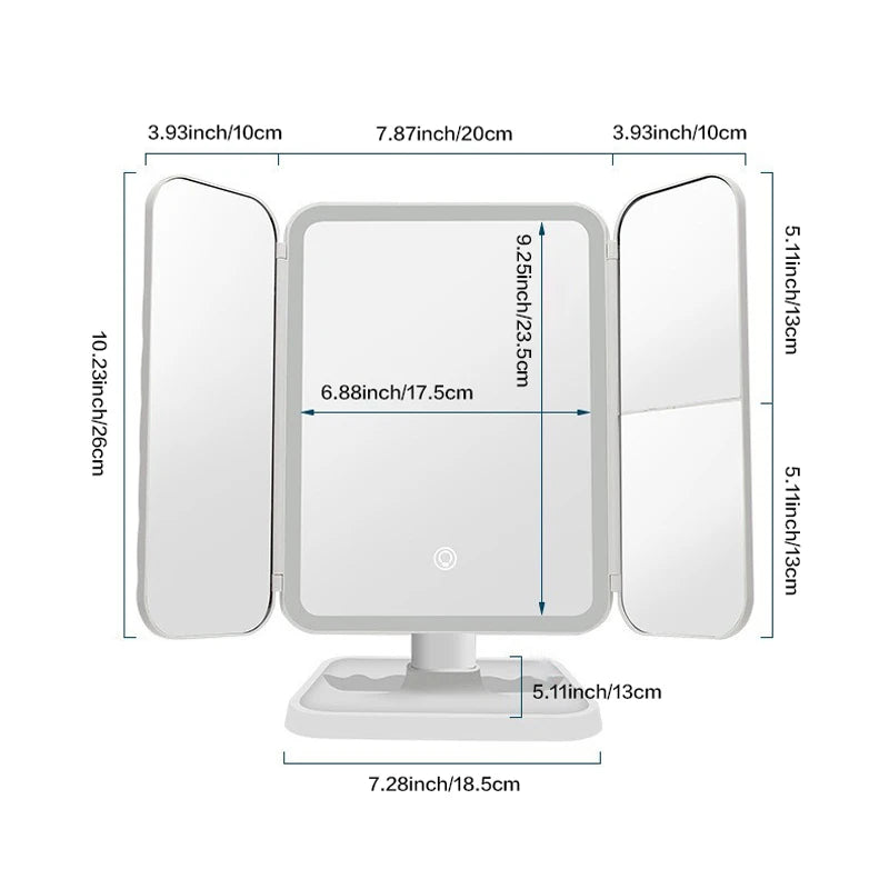 Trifold LED Makeup Mirror – 1X/2X/3X Magnification | Stepless Dimming | USB Rechargeable