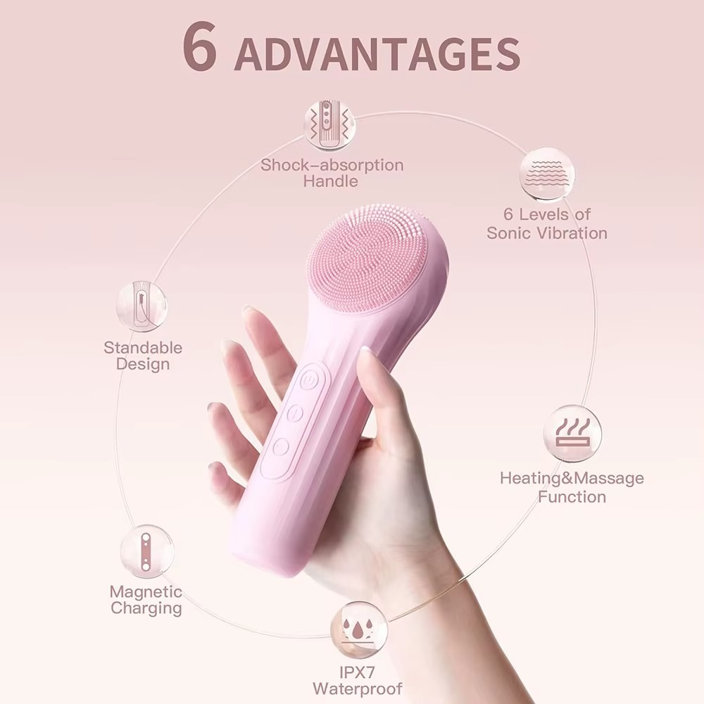 Heating Facial Cleansing Brush – 6-Speed Sonic Vibrations + Warm Massage | IPX7 Waterproof | Rechargeable Skin Cleanser