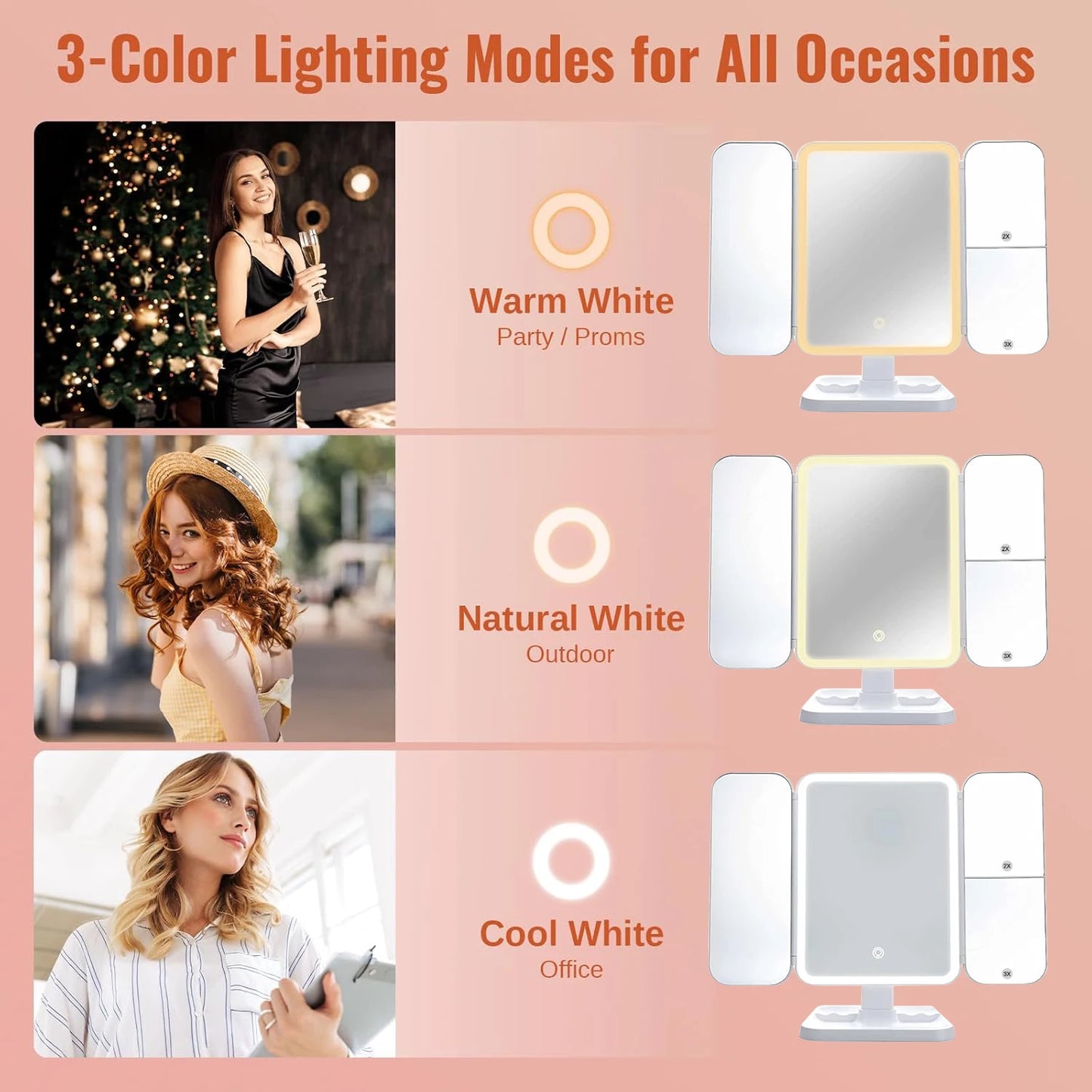 Trifold LED Makeup Mirror – 1X/2X/3X Magnification | Stepless Dimming | USB Rechargeable