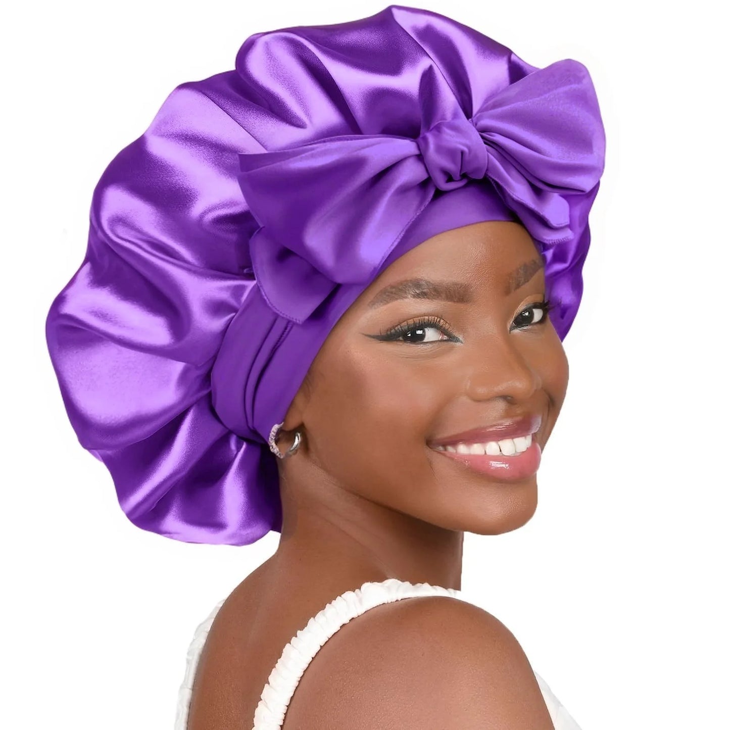 Satin Sleep Bonnet with Long Jersey Tie Band – Non-Slip Hair Wrap for Nighttime Protection | Locks in Moisture & Prevents Breakage