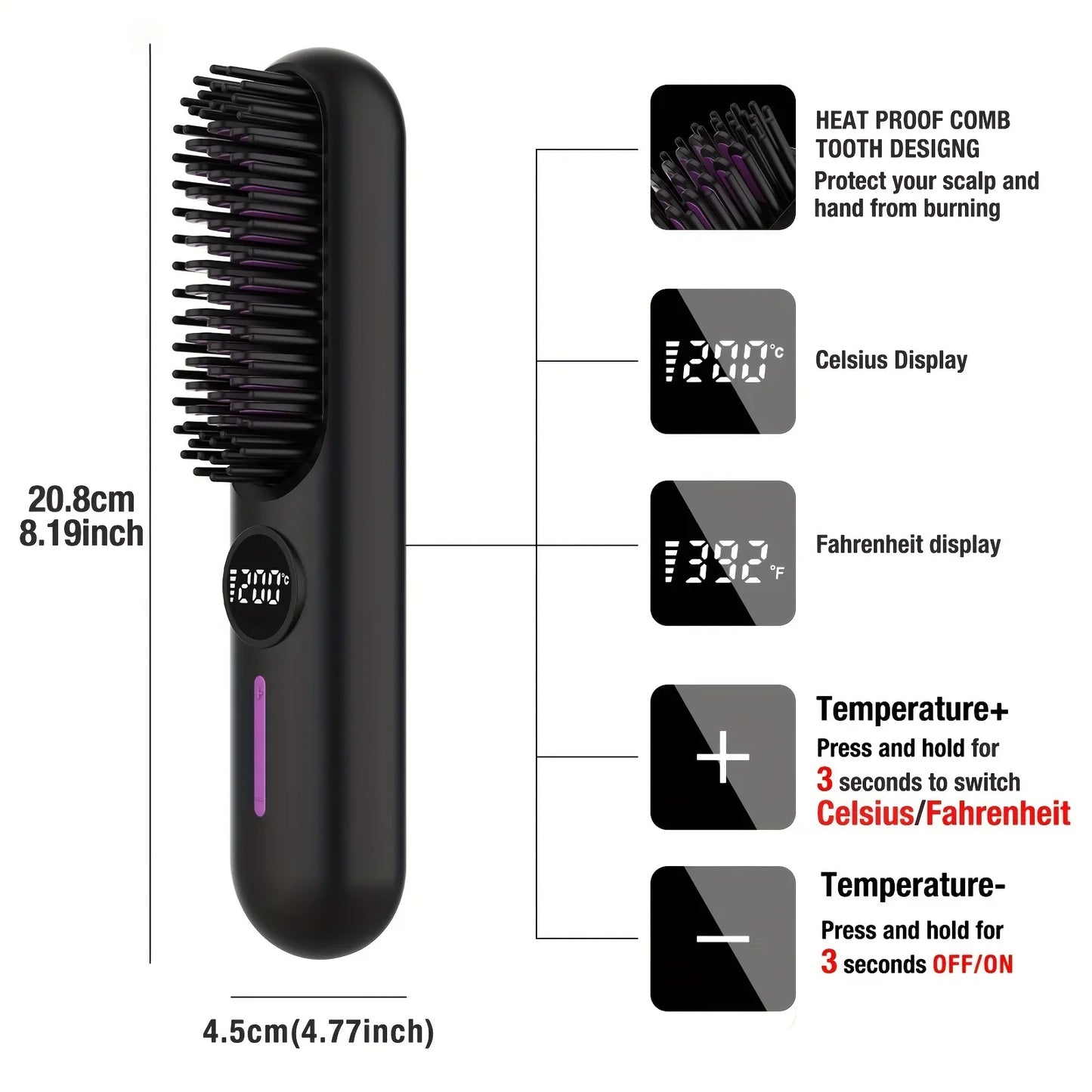 Wireless Hair Straightening Comb – Cordless Ceramic Hot Comb | USB Rechargeable | Tangle-Free Styling