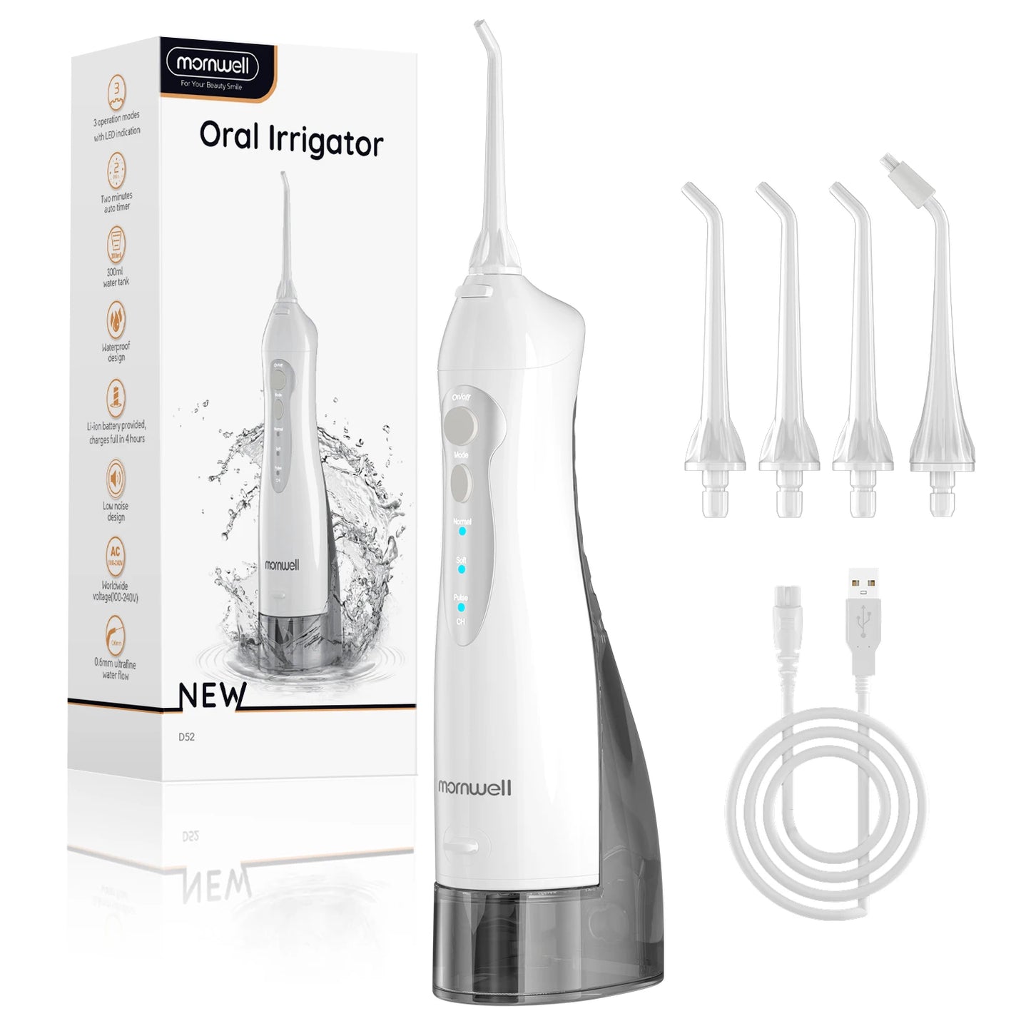 Mornwell D52 Water Flosser – Rechargeable Oral Irrigator | 300ML Tank | 3 Modes | IPX7 Waterproof