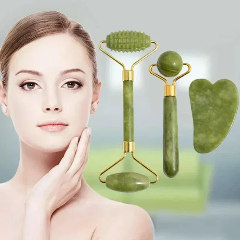 3-Piece Natural Jade Roller & Gua Sha Set – Face & Body Massage | Anti-Puffiness | Cooling Stone