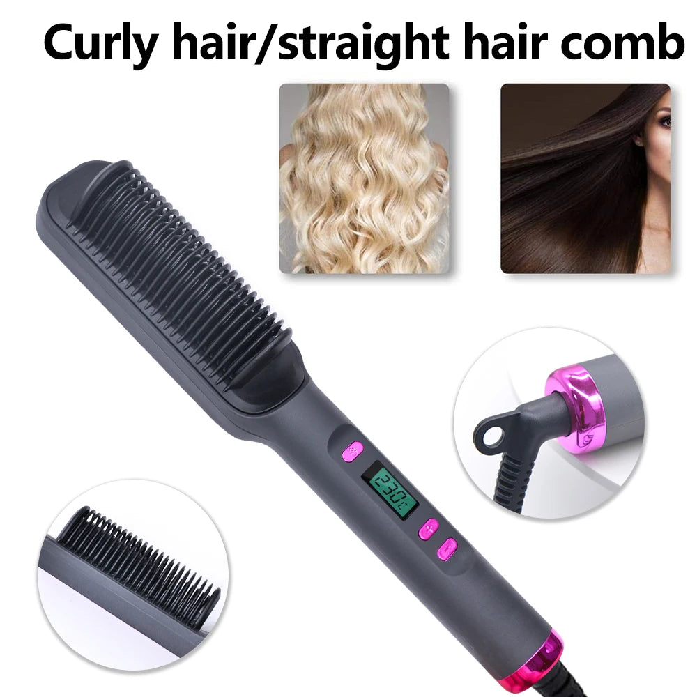 Hair Straightener Brush – Ionic 2-in-1 Styling Tool | 30 Heat Settings | Anti-Scald Design