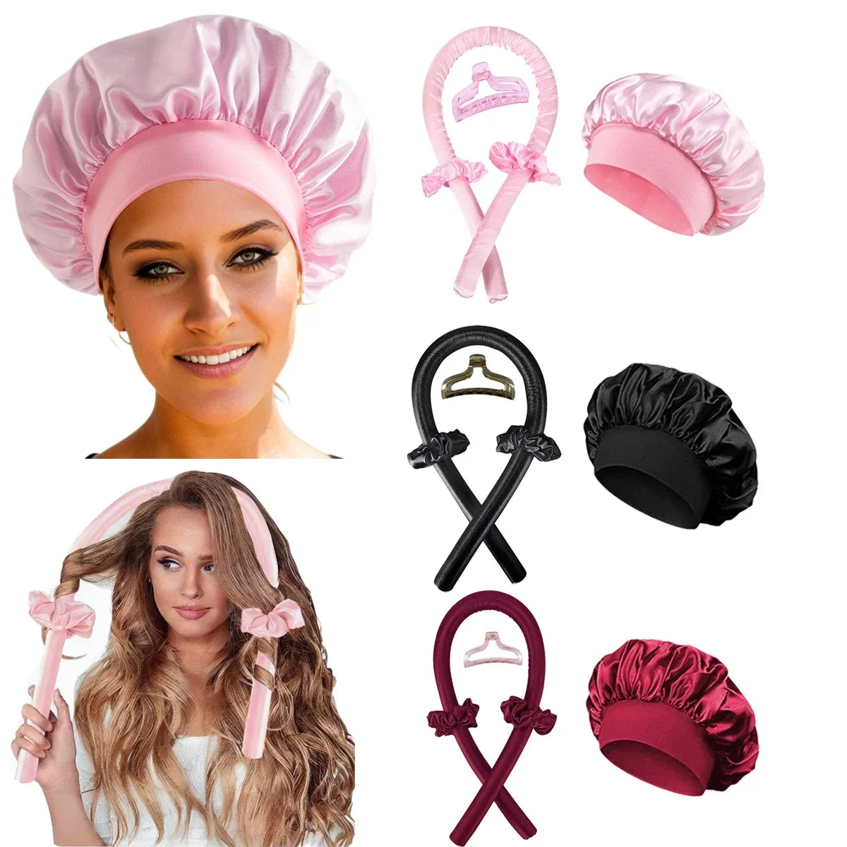 Heatless Hair Curling Set – Curling Rod + Satin Cap | No Heat Overnight Styling | Includes Clip & Ties