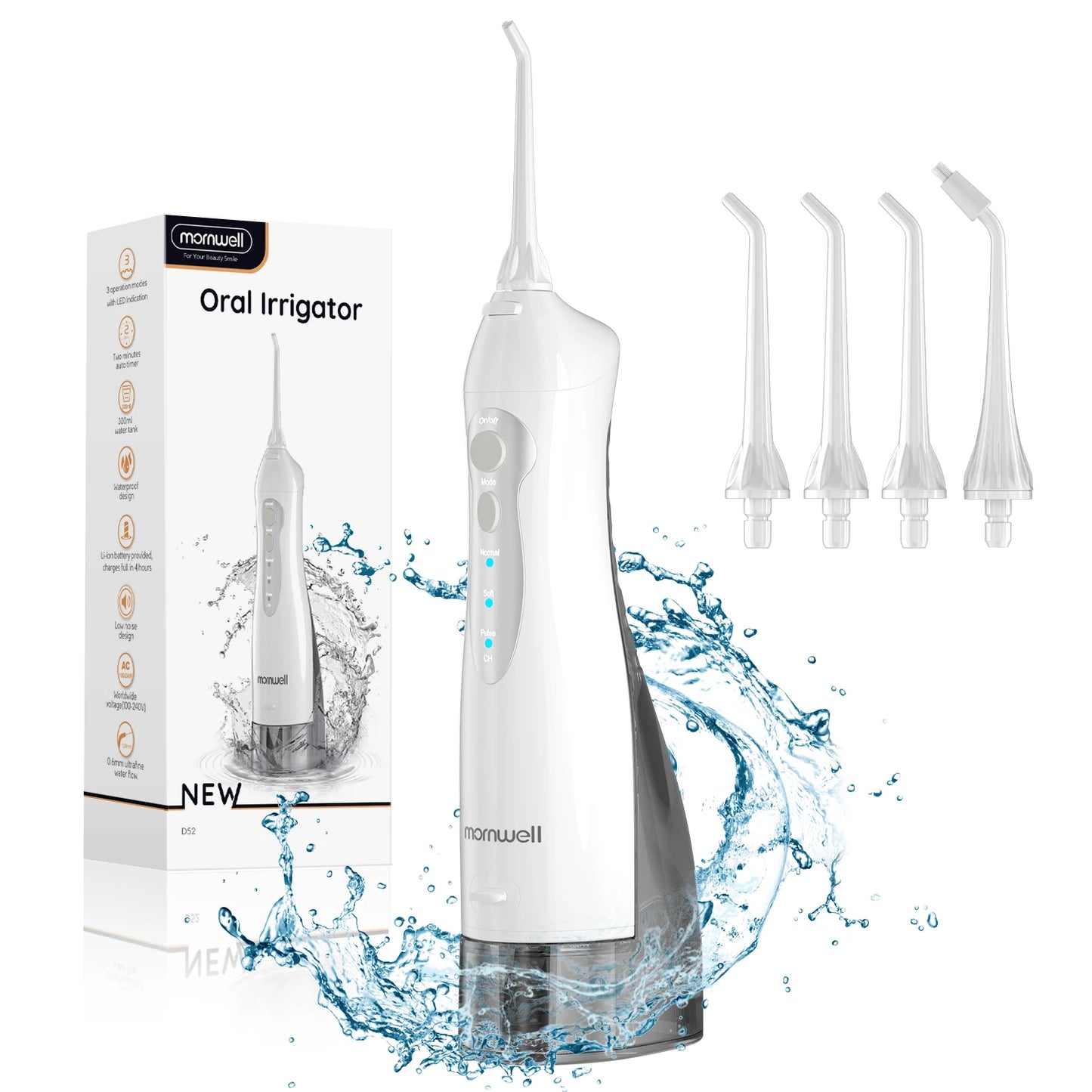 Mornwell D52 Water Flosser – Rechargeable Oral Irrigator | 300ML Tank | 3 Modes | IPX7 Waterproof