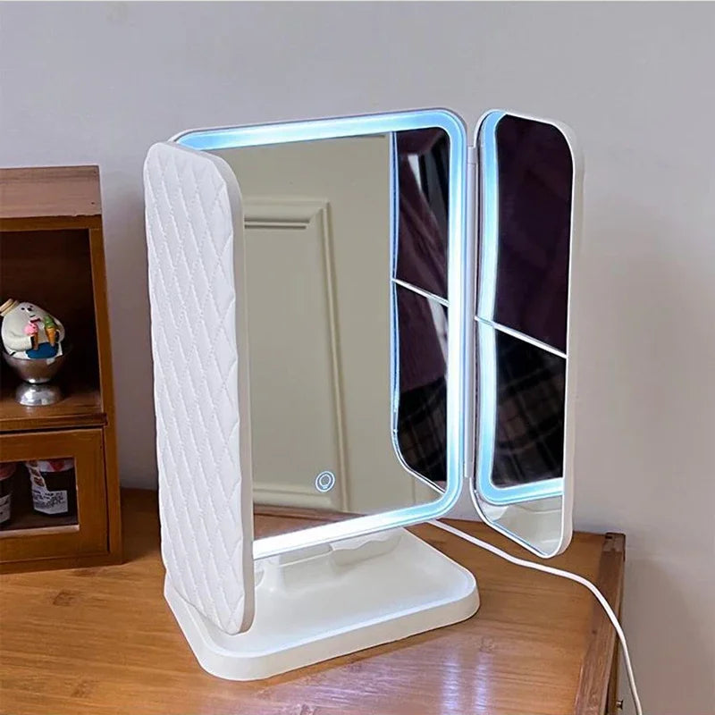 Trifold LED Makeup Mirror – 1X/2X/3X Magnification | Stepless Dimming | USB Rechargeable