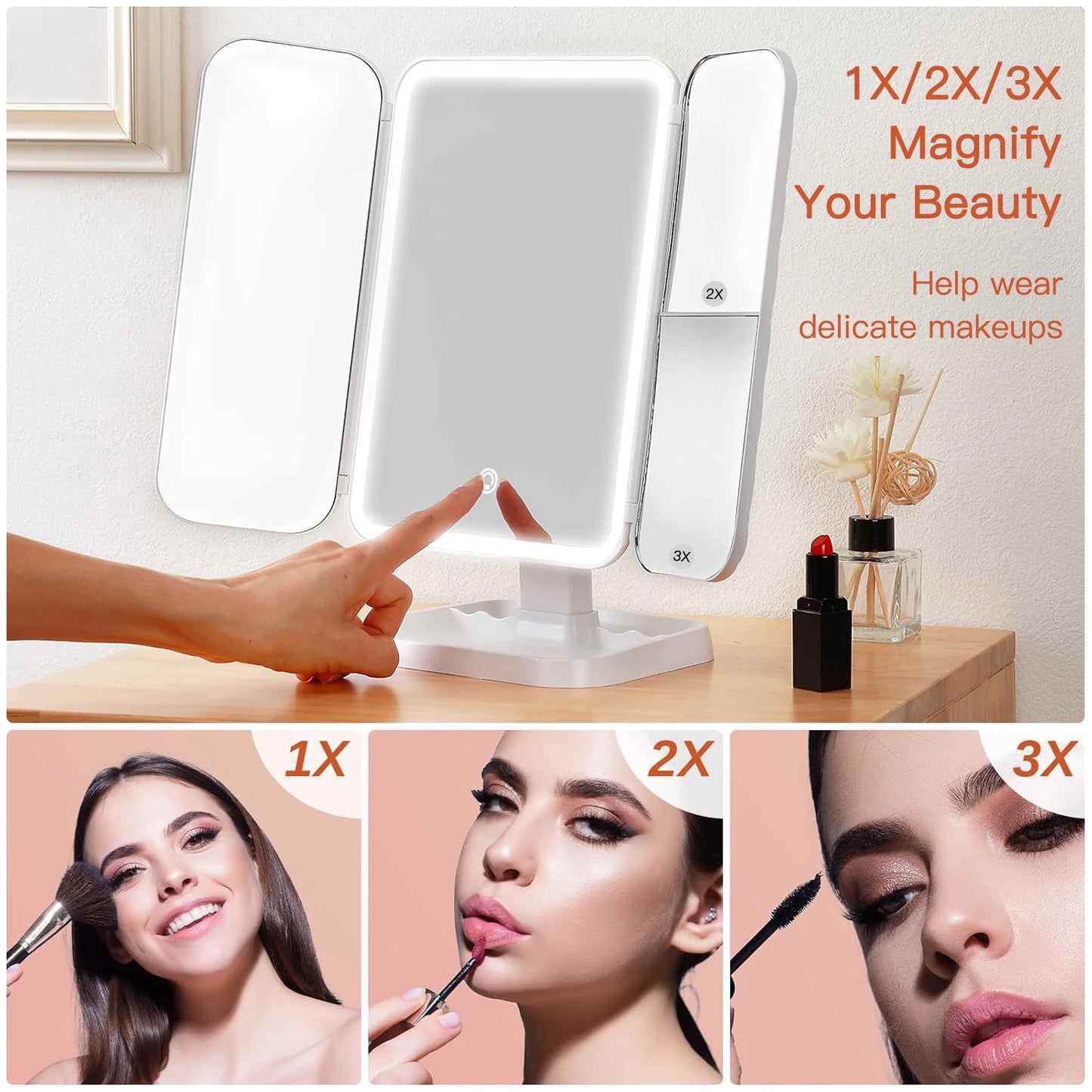 Trifold LED Makeup Mirror – 1X/2X/3X Magnification | Stepless Dimming | USB Rechargeable