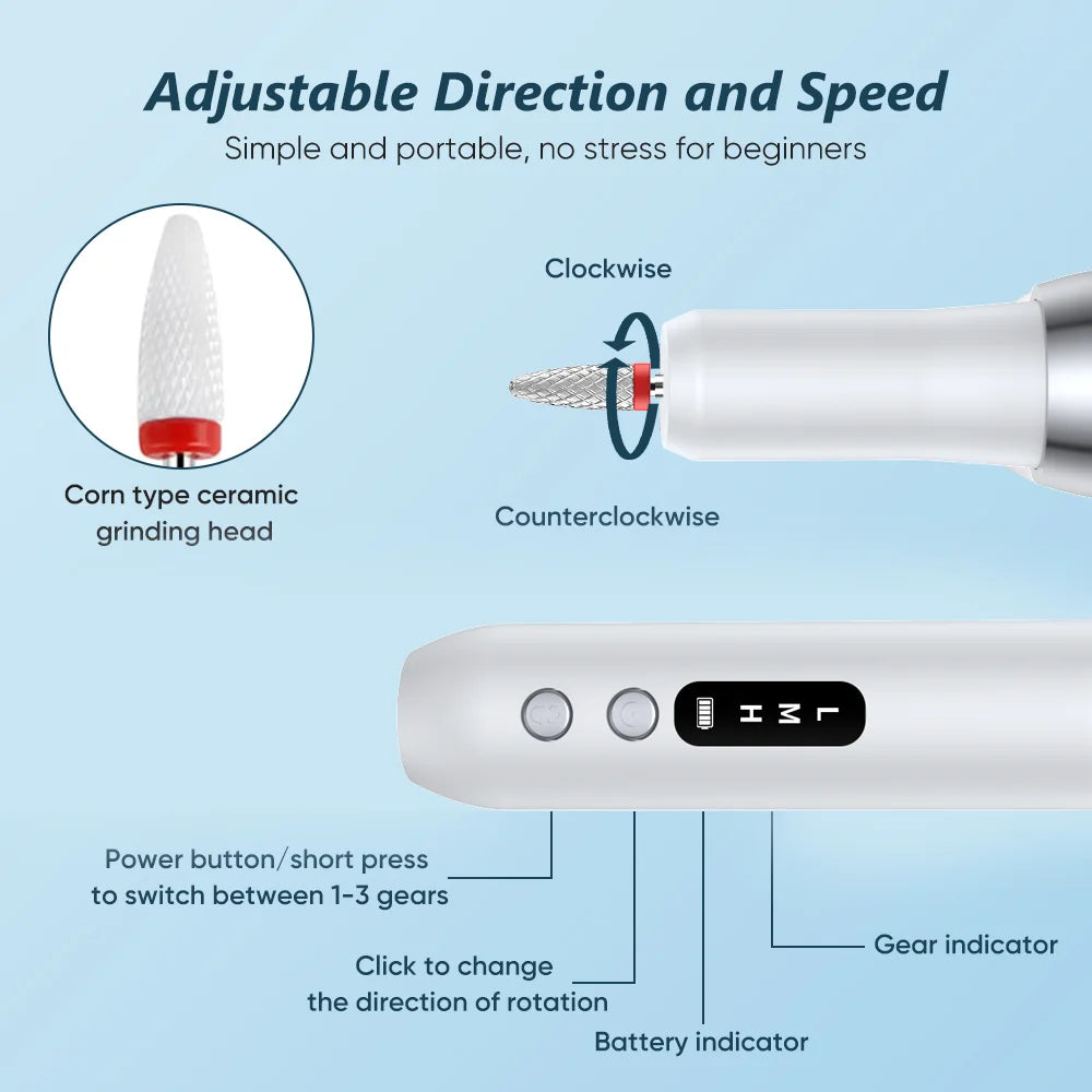 Electric Nail Drill Kit – Rechargeable Nail File with LED Display | 18,000 RPM | 3-Speed Adjustment | 11 Grinding Heads