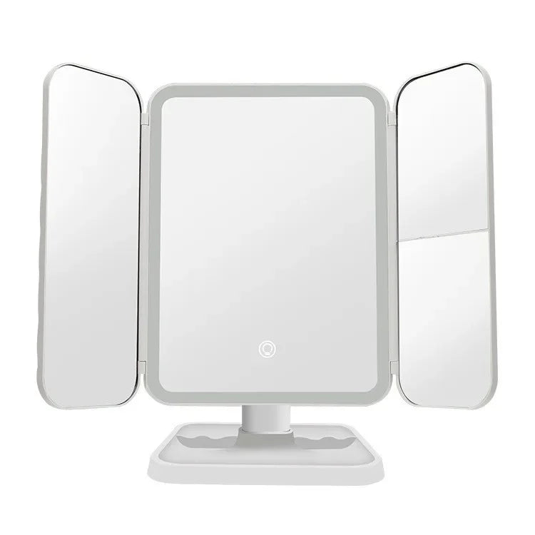 Trifold LED Makeup Mirror – 1X/2X/3X Magnification | Stepless Dimming | USB Rechargeable