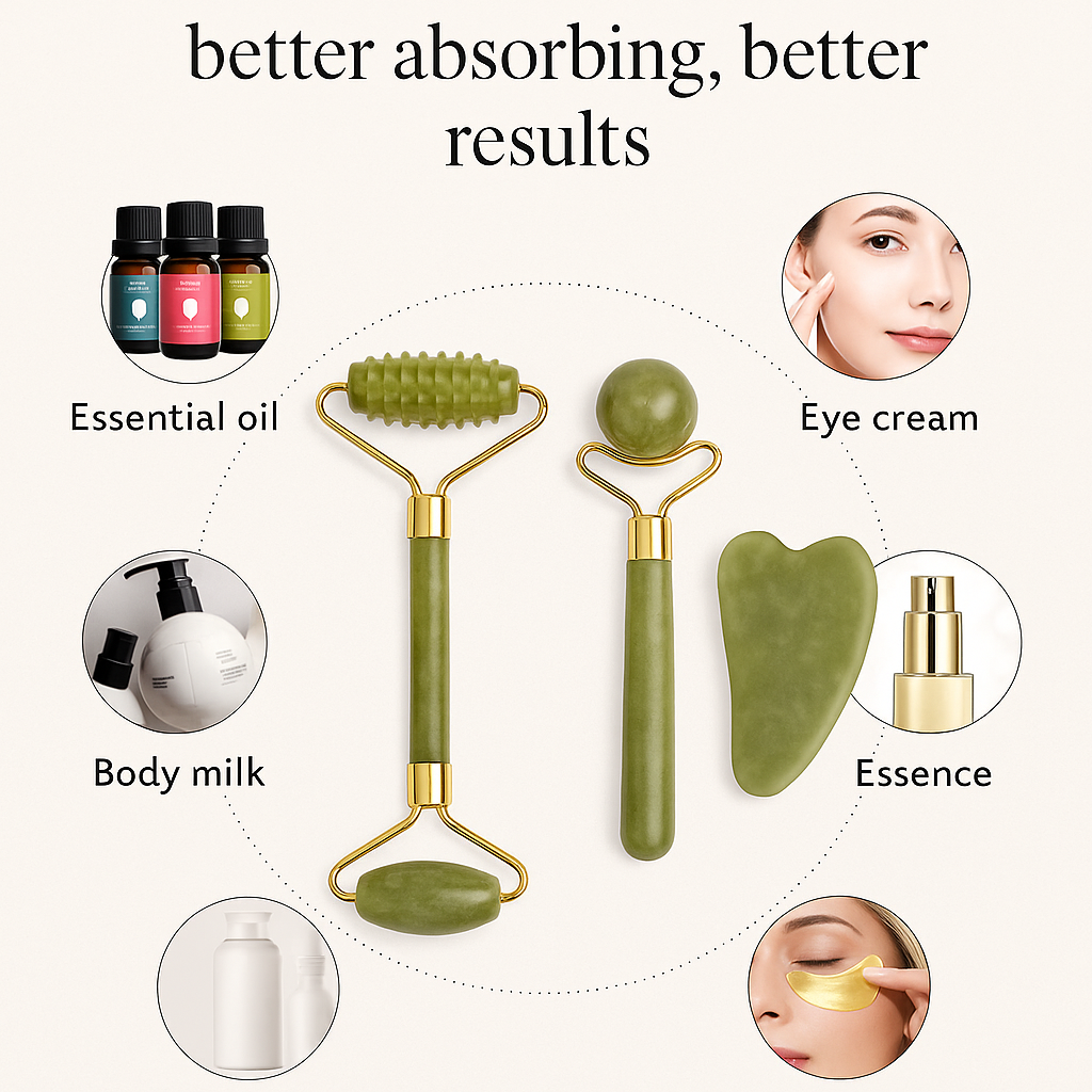 3-Piece Natural Jade Roller & Gua Sha Set – Face & Body Massage | Anti-Puffiness | Cooling Stone