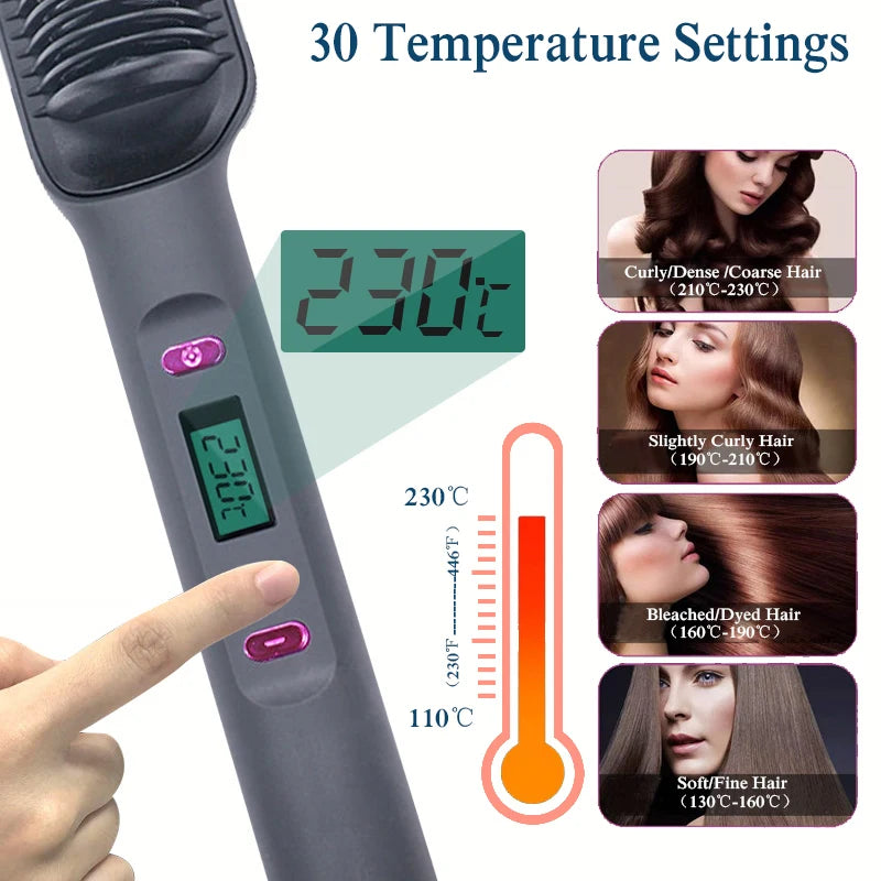 Hair Straightener Brush – Ionic 2-in-1 Styling Tool | 30 Heat Settings | Anti-Scald Design