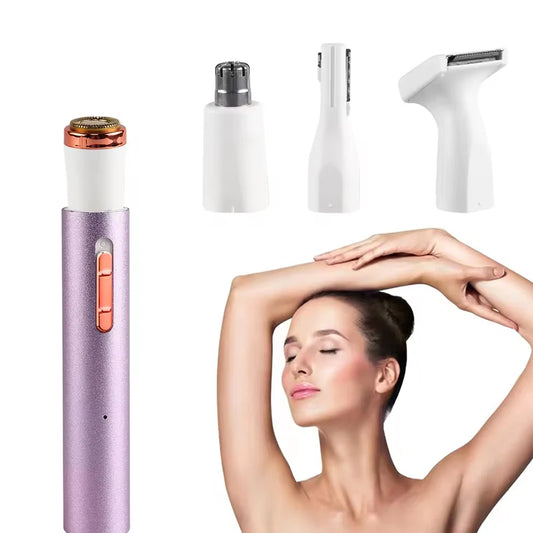 Rechargeable 4-in-1 Electric Eyebrow Trimmer | Painless Face & Bikini Razor | Nose/Ear Hair Remover | USB Portable Grooming Tool for Women & Men