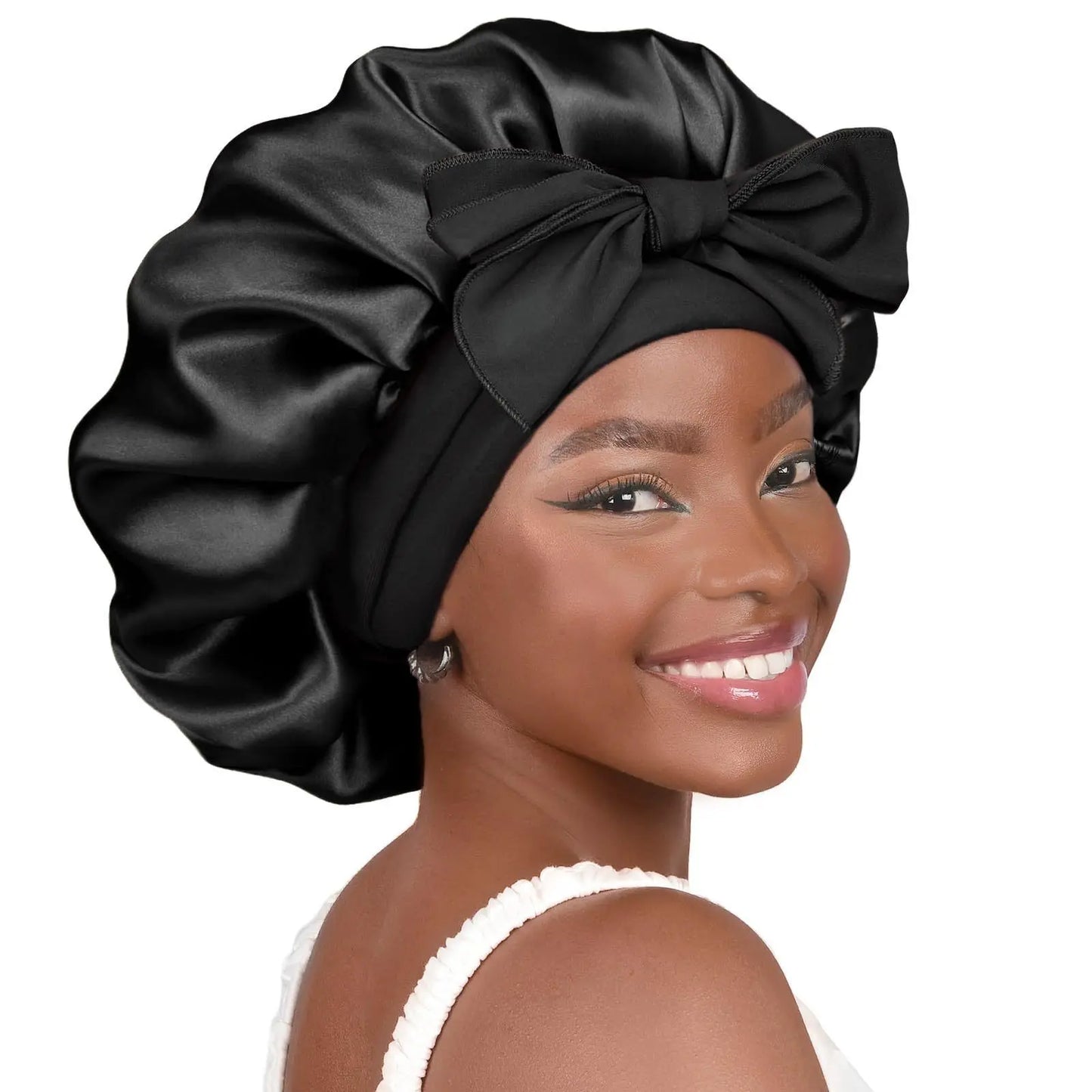 Satin Sleep Bonnet with Long Jersey Tie Band – Non-Slip Hair Wrap for Nighttime Protection | Locks in Moisture & Prevents Breakage