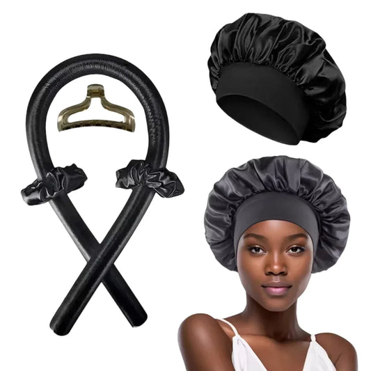 Heatless Hair Curling Set – Curling Rod + Satin Cap | No Heat Overnight Styling | Includes Clip & Ties
