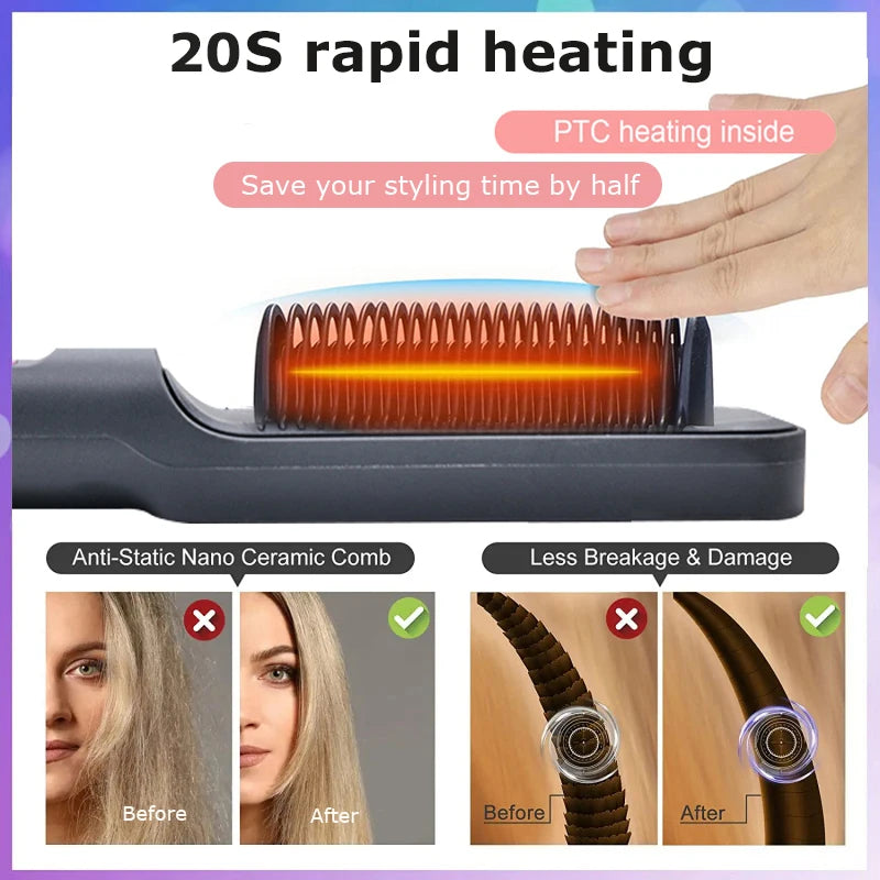 Hair Straightener Brush – Ionic 2-in-1 Styling Tool | 30 Heat Settings | Anti-Scald Design
