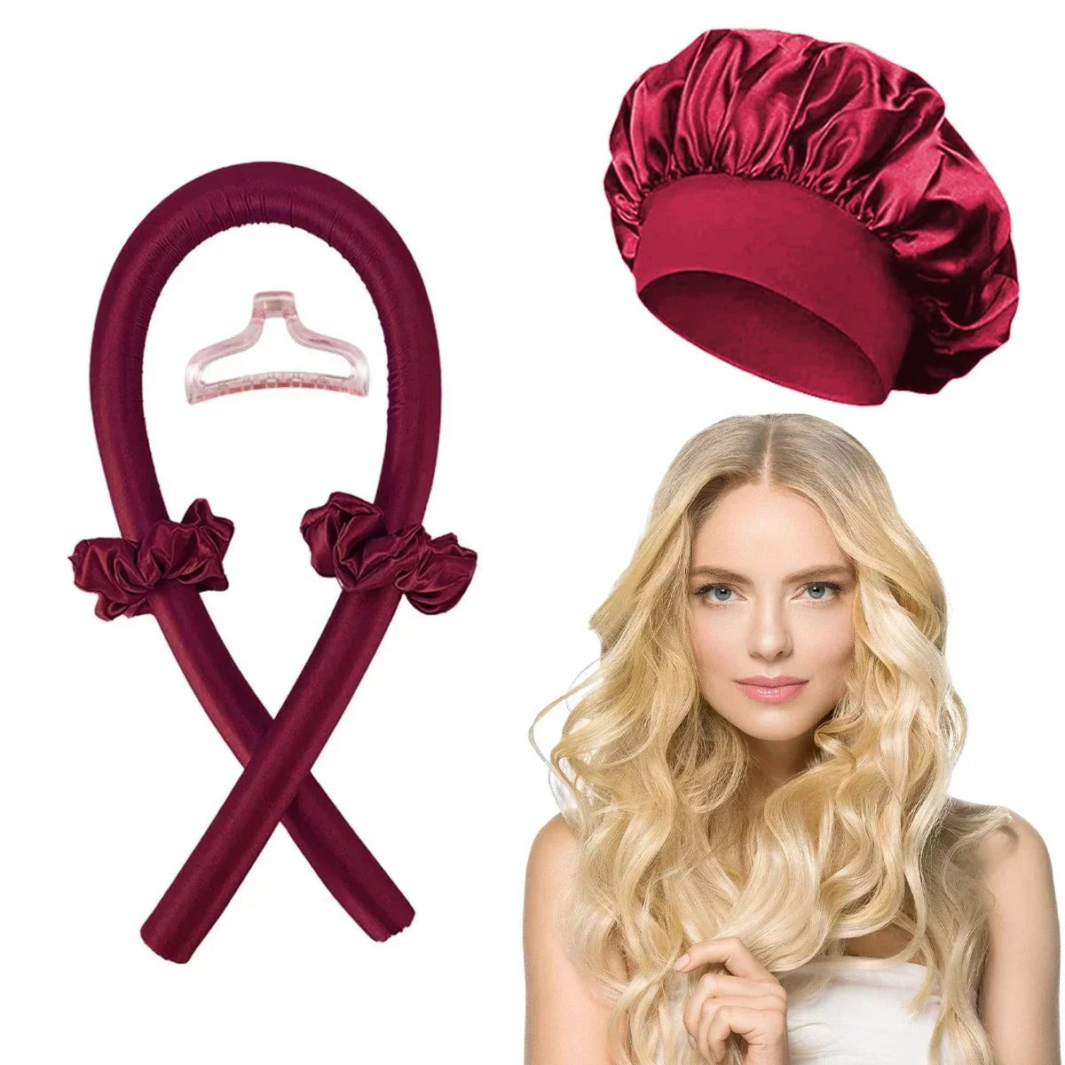 Heatless Hair Curling Set – Curling Rod + Satin Cap | No Heat Overnight Styling | Includes Clip & Ties