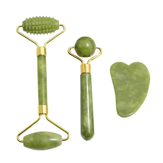 3-Piece Natural Jade Roller & Gua Sha Set – Face & Body Massage | Anti-Puffiness | Cooling Stone