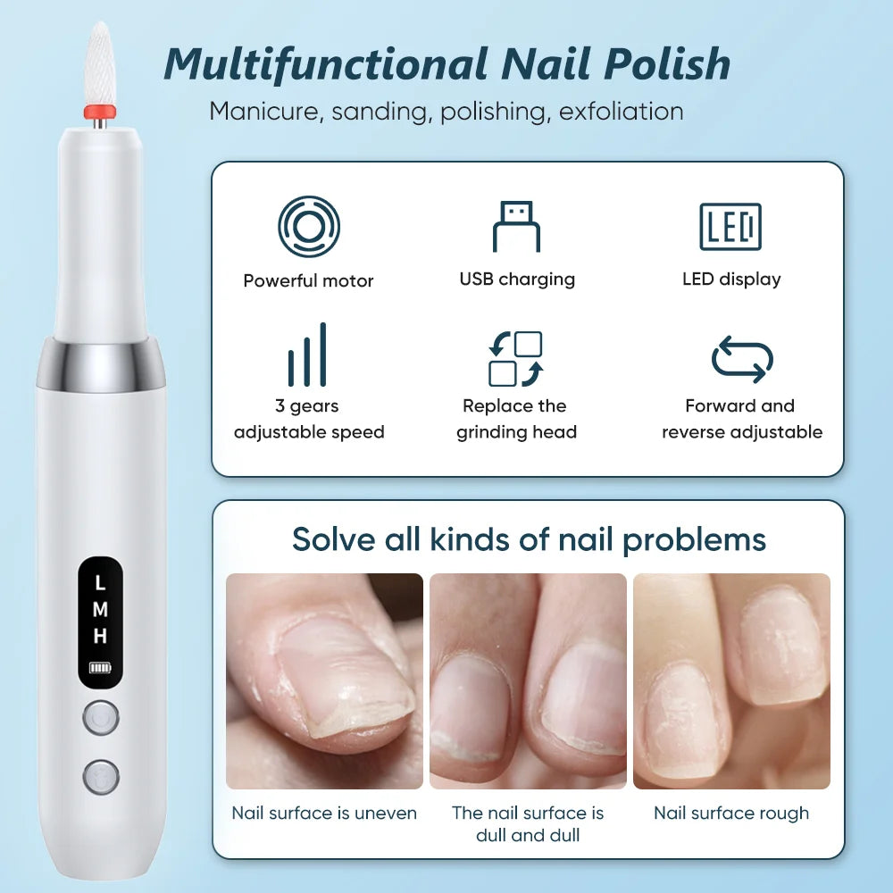 Electric Nail Drill Kit – Rechargeable Nail File with LED Display | 18,000 RPM | 3-Speed Adjustment | 11 Grinding Heads