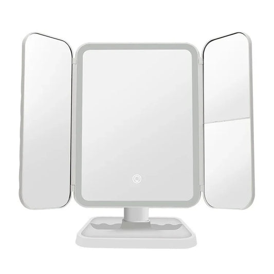 Trifold LED Makeup Mirror – 1X/2X/3X Magnification | Stepless Dimming | USB Rechargeable